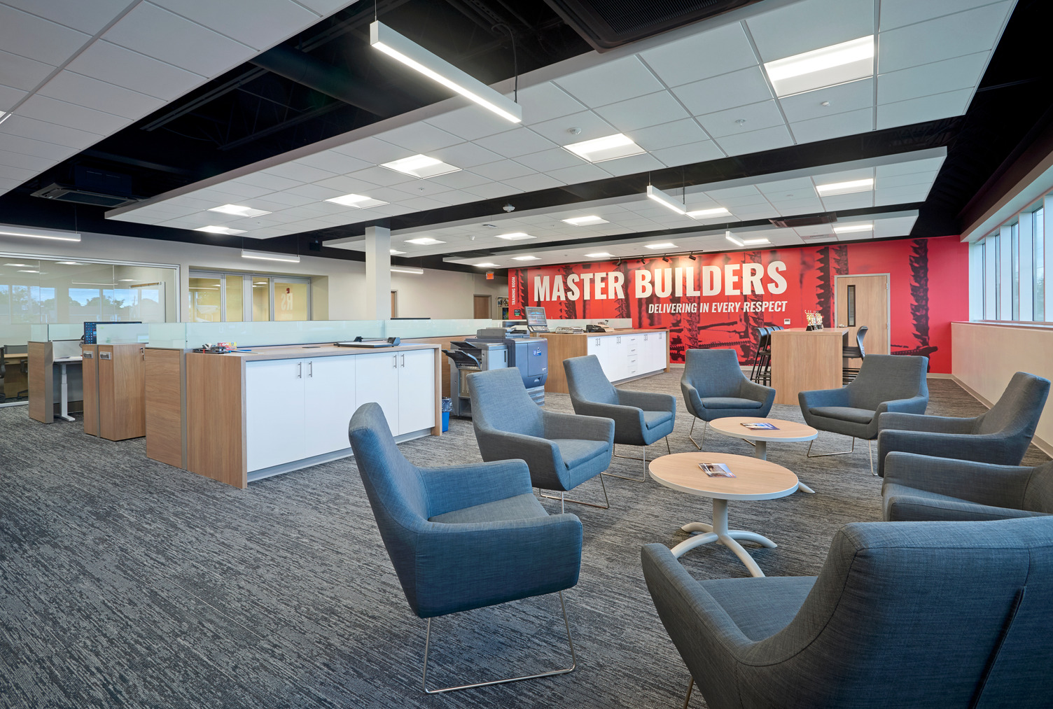 Open office layout at Kinsley Construction's new state-of-the-art facility in downtown York, PA.
