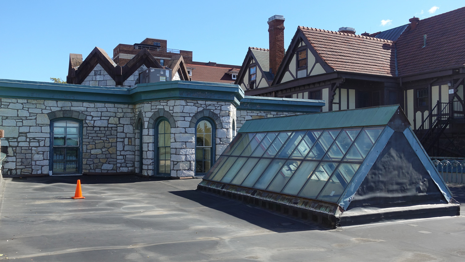 Historic building exterior with rooftop plaza