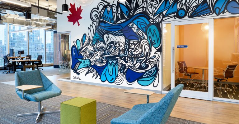 PayPal office with neighborhoods finished in wood and accented with murals